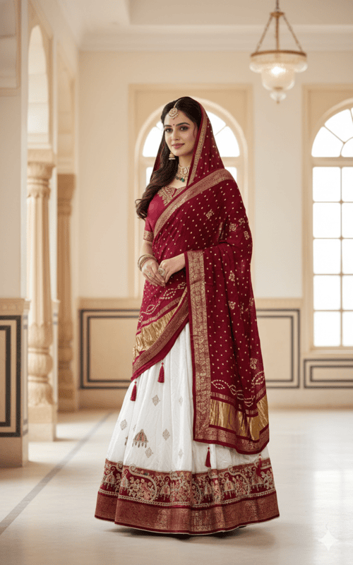 Maroon and White Embroidered Lehenga Choli with Bandhej DupattaI D.7/1