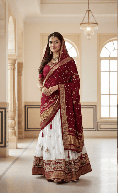 Maroon and White Embroidered Lehenga Choli with Bandhej DupattaI D.7/1
