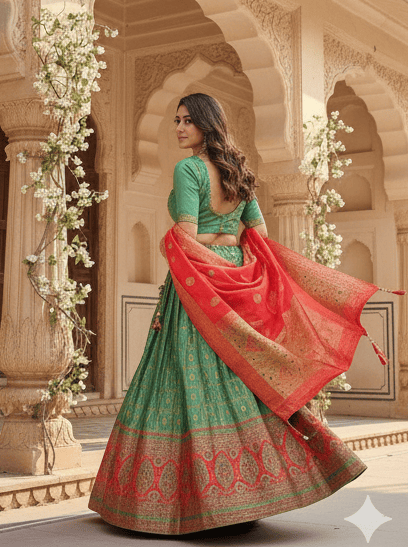 Green & Red Traditional Woven Lehenga Choli Set MF