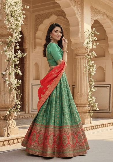 Green & Red Traditional Woven Lehenga Choli Set MF
