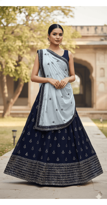 Navy Blue Georgette Embroidered Lehenga Choli with Sky Blue Dupatta D.8/1