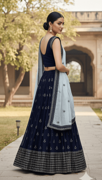 Navy Blue Georgette Embroidered Lehenga Choli with Sky Blue Dupatta D.8/1