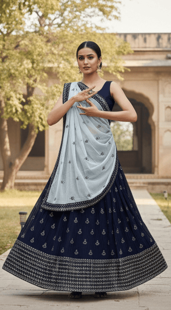 Navy Blue Georgette Embroidered Lehenga Choli with Sky Blue Dupatta D.8/1