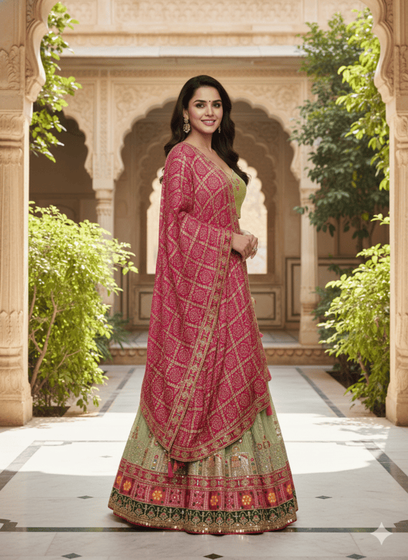 Pastel Green and Pink Embroidered Lehenga Choli Set D.280