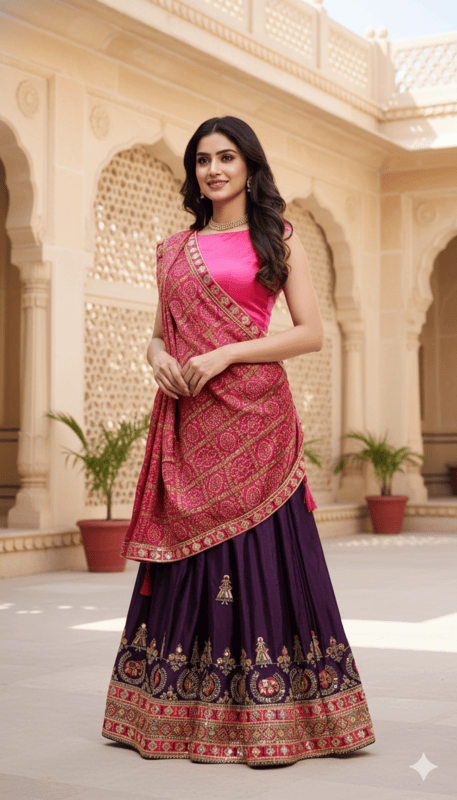 Pink and Purple Traditional Embroidered Lehenga Choli with Bandhej Dupatta D5/2