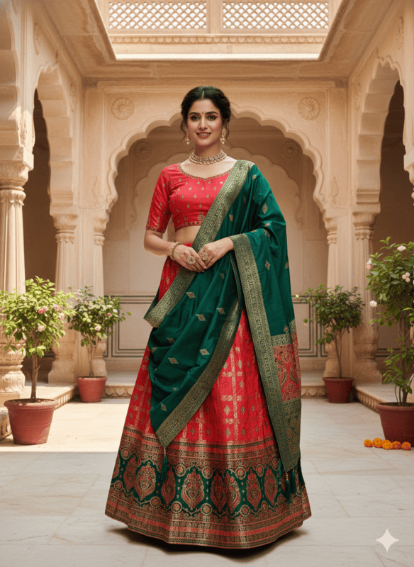 Red & Green Traditional Embroidered Lehenga Choli Set MF