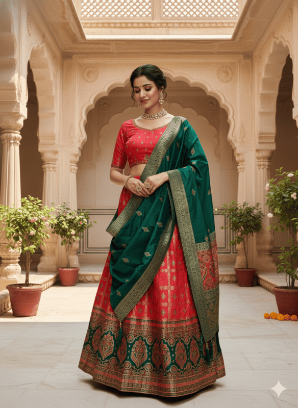 Red & Green Traditional Embroidered Lehenga Choli Set MF