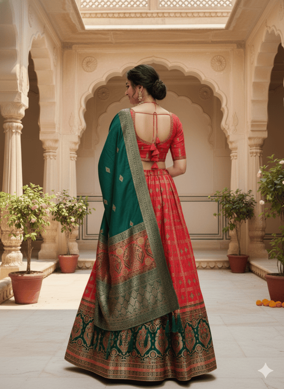 Red & Green Traditional Embroidered Lehenga Choli Set MF
