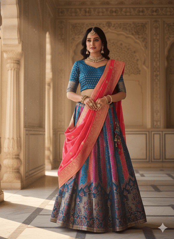Royal Blue & Pink Traditional Embroidered Lehenga Choli Set
