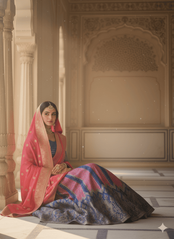 Royal Blue & Pink Traditional Embroidered Lehenga Choli Set