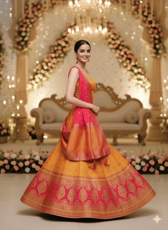 Yellow & Pink Traditional Embroidered Lehenga Choli Set MF