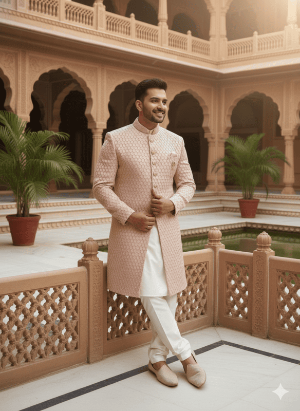 Designer Peach Sherwani with Brooch D-9620 Le cartin