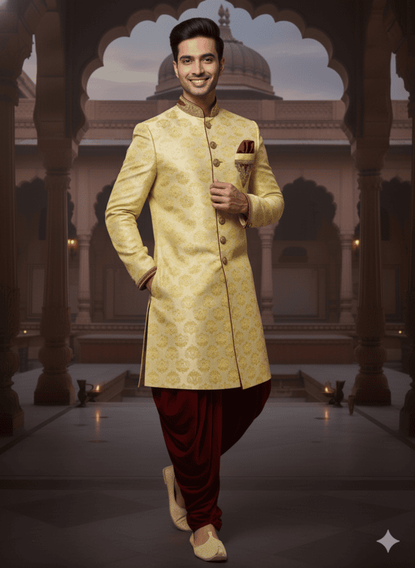 Royal Yellow Sherwani with Maroon Dhoti D-9201 Le-Cartin