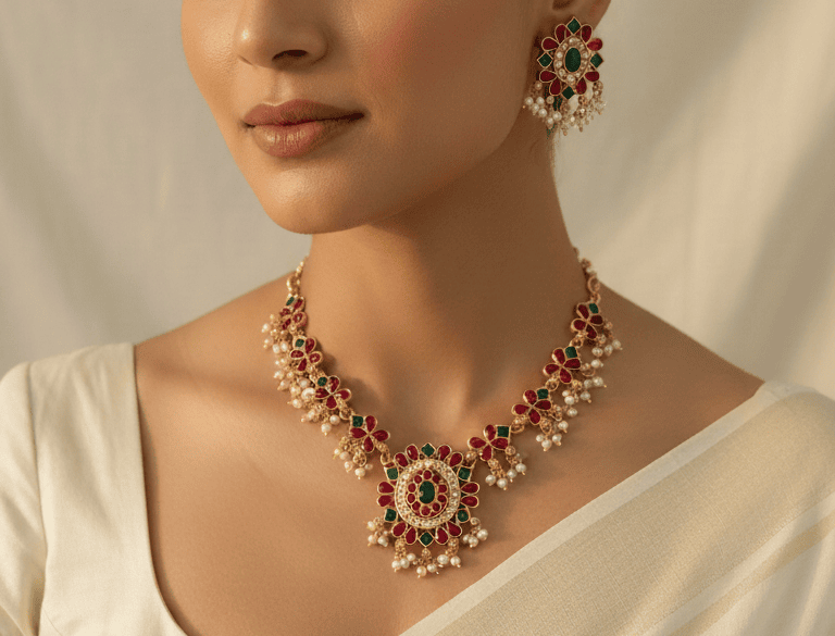 Royal red Floral Pearl Drop Necklace Set