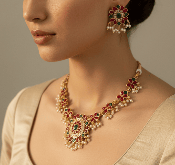 Royal red Floral Pearl Drop Necklace Set