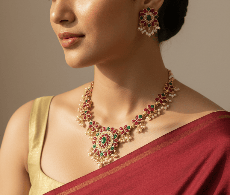 Royal red Floral Pearl Drop Necklace Set