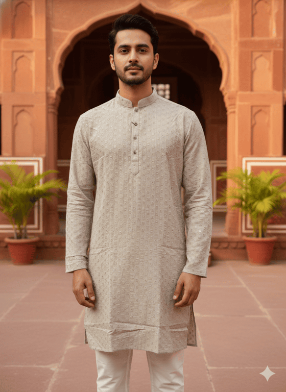 Men's Beige Embroidered Kurta with Pajama Set D.1/19