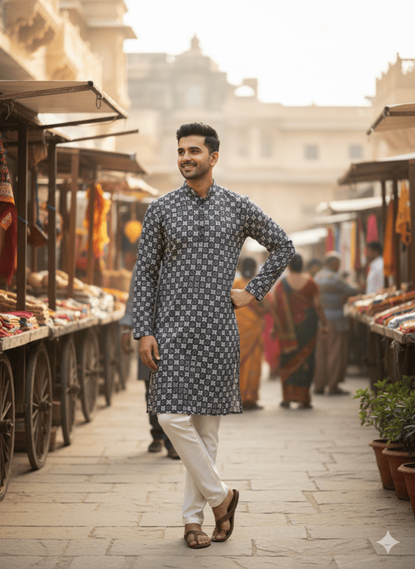 Men's Designer Black & White Embroidered Kurta Pajama Set D.10/10