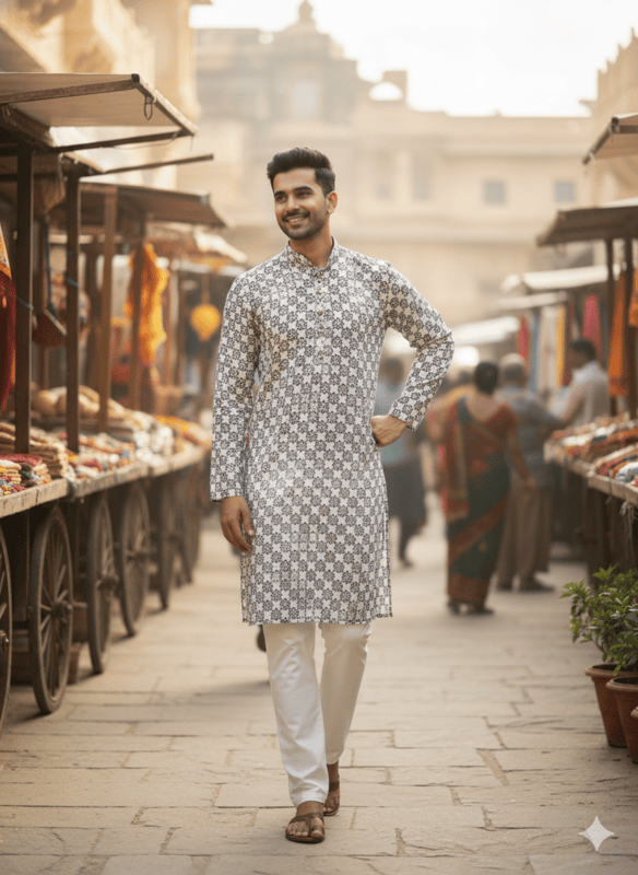 Men's Designer Black & White Embroidered Kurta Pajama Set D.10/10
