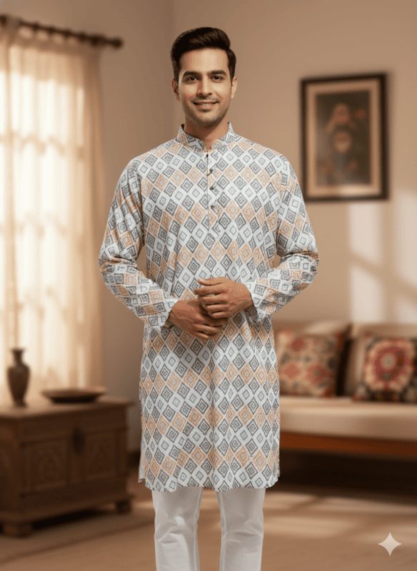Men's Cream Multicolor Printed Cotton Kurta D.4/8