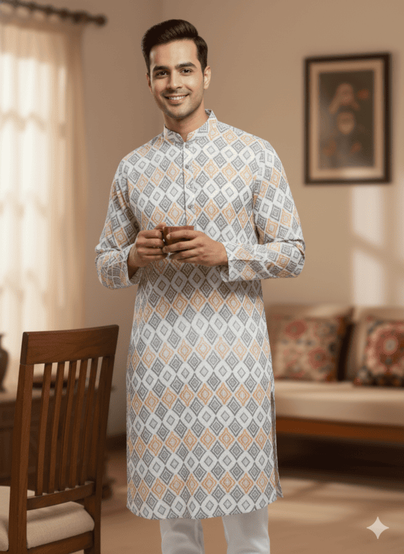 Men's Cream Multicolor Printed Cotton Kurta D.4/8