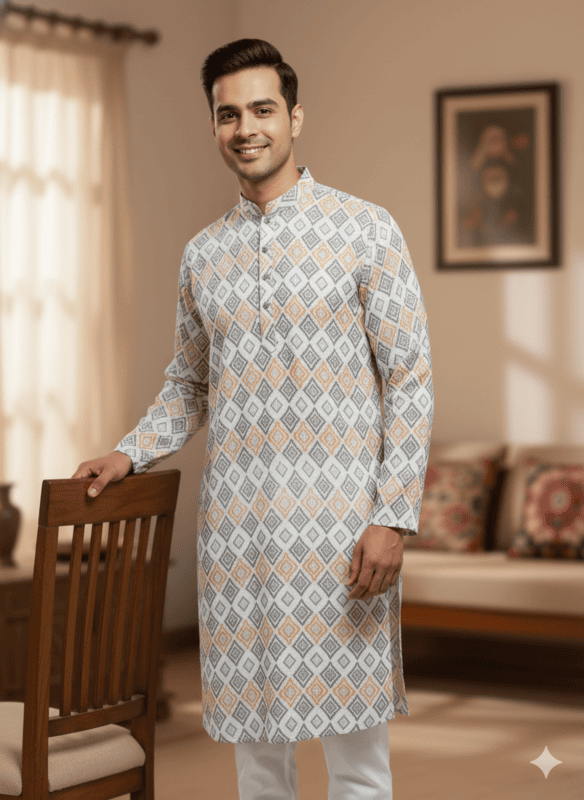Men's Cream Multicolor Printed Cotton Kurta D.4/8