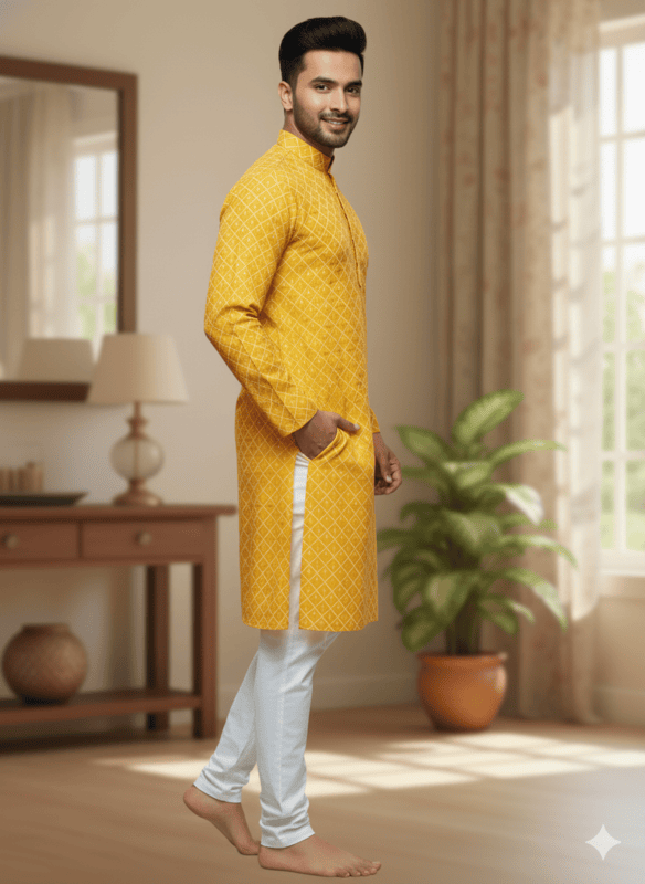 Men's Mustard Yellow Printed Cotton Kurta DN 7/36