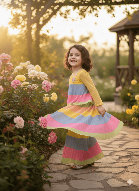 Girls' Multicolor Pleated Palazzo Set with Yellow Shrug (2-Piece Set) D.26.J510Y B.8935