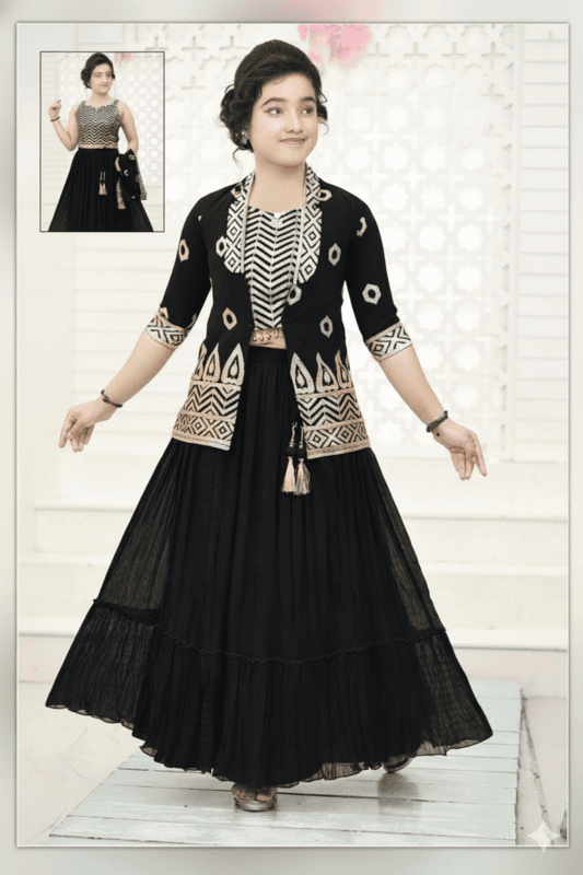 Premium Black Indo-Western Lehenga With Embroidered Jacket Top D.1070K B.GINI BABY