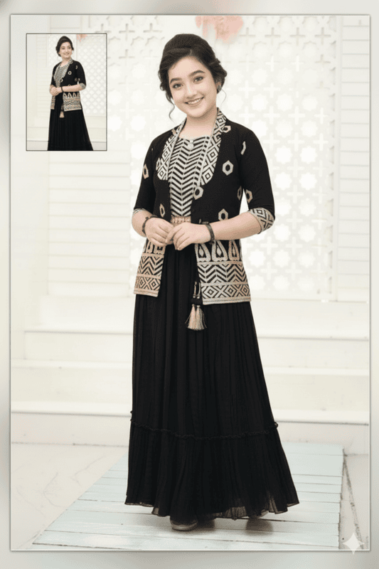 Premium Black Indo-Western Lehenga With Embroidered Jacket Top D.1070K B.GINI BABY