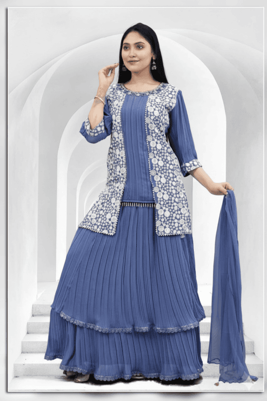 Premium Sky-Blue Pleated Gown With Heavy Embroidered Jacket Set D.1285B B.GINI BABY