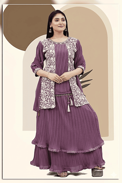 Designer Mauve Pleated Gown with Heavy Embroidered Jacket Set  D.1285P B.GINI BABY