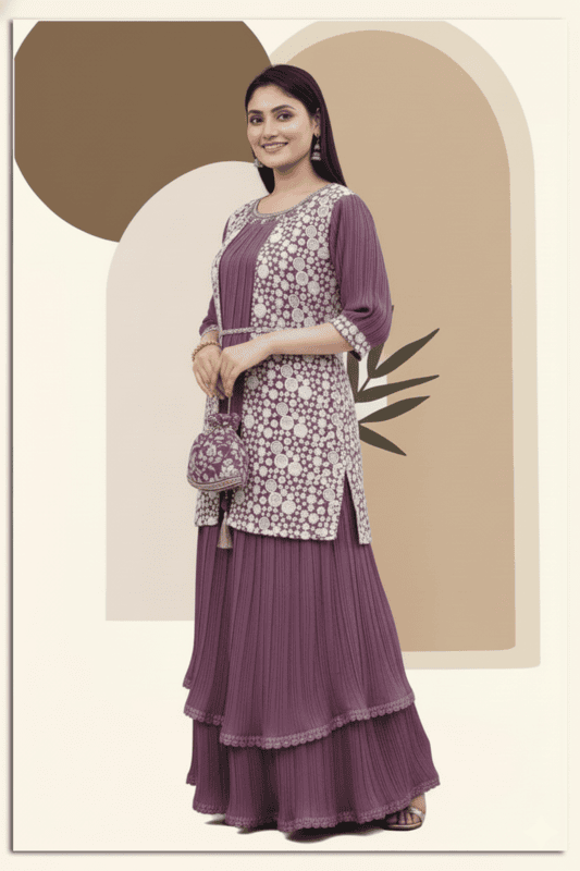 Designer Mauve Pleated Gown with Heavy Embroidered Jacket Set D.1285P B.GINI BABY