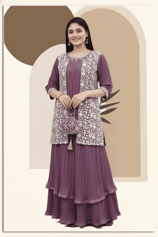 Designer Mauve Pleated Gown with Heavy Embroidered Jacket Set D.1285P B.GINI BABY