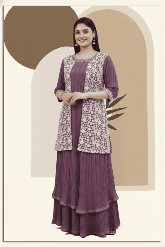 Designer Mauve Pleated Gown with Heavy Embroidered Jacket Set D.1285P B.GINI BABY