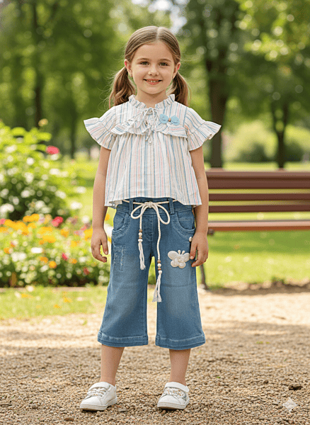Cute Baby Girl Striped Top & Butterfly Patch Denim Pant Set D.7631