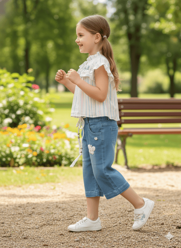 Cute Baby Girl Striped Top & Butterfly Patch Denim Pant Set D.7631