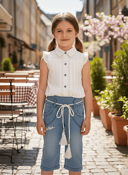 Elegant Baby Girl White Shirt & Stylish Denim Look Pant Set D.8877A