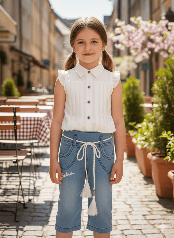 Elegant Baby Girl White Shirt & Stylish Denim Look Pant Set D.8877A