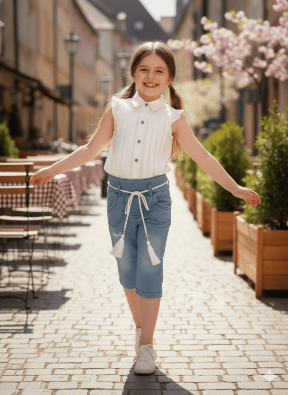 Elegant Baby Girl White Shirt & Stylish Denim Look Pant Set D.8877A