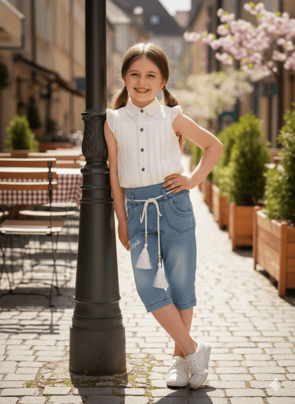 Elegant Baby Girl White Shirt & Stylish Denim Look Pant Set D.8877A