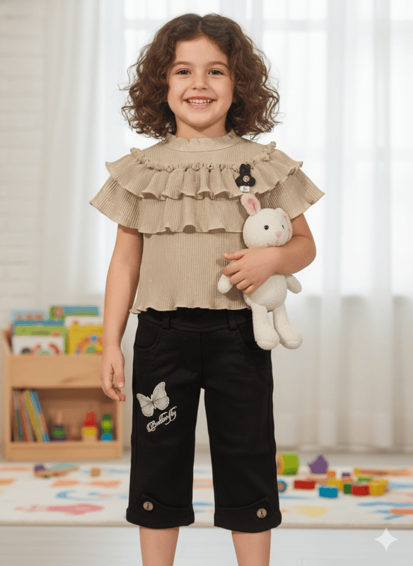 Stylish Baby Girl Ruffle Top & Printed Black Pants Set D.8628