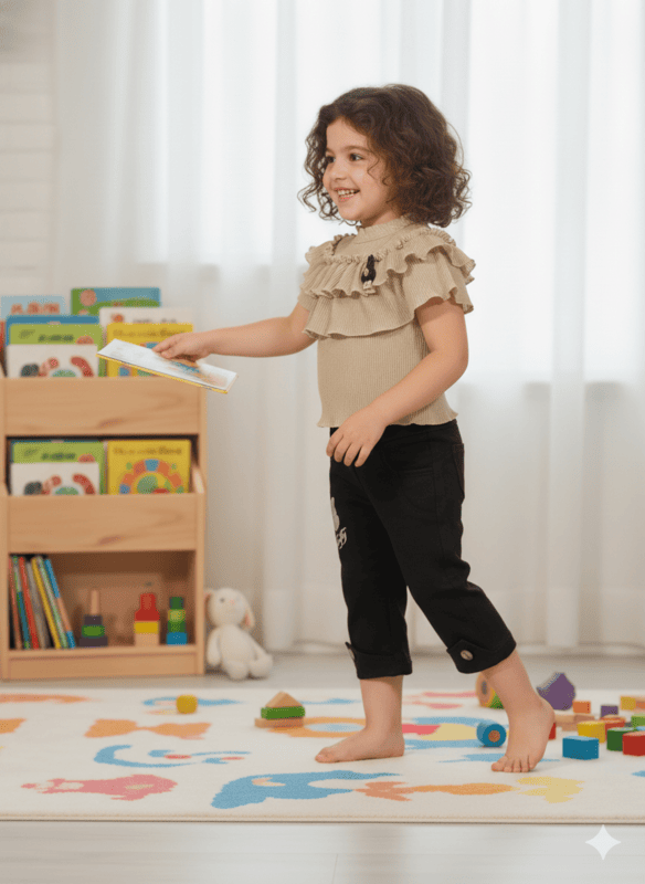 Stylish Baby Girl Ruffle Top & Printed Black Pants Set D.8628