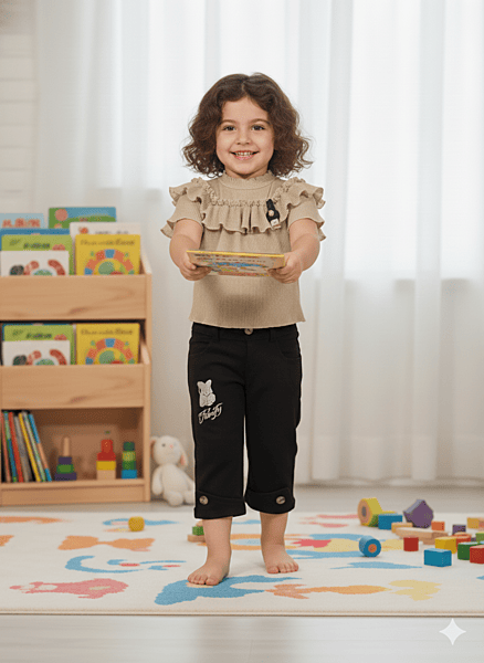 Stylish Baby Girl Ruffle Top & Printed Black Pants Set D.8628