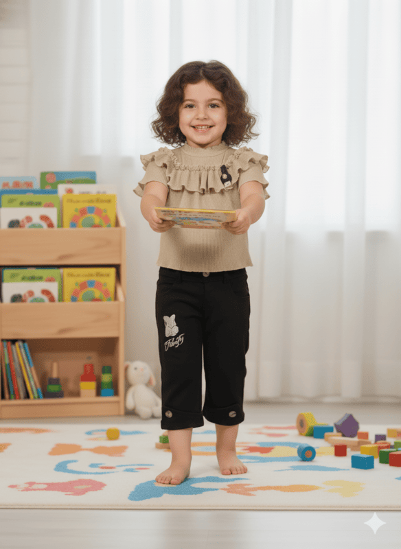 Stylish Baby Girl Ruffle Top & Printed Black Pants Set D.8628