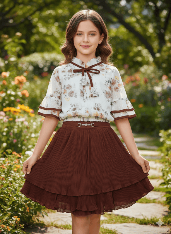 Elegant Floral Top & Rust Pleated Skirt Set for Girls D.11.015V B.1258