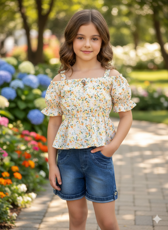 Trendy Baby Girl Floral Top & Denim Shorts Set – Summer Casual Wear D.19.5108 B.1310