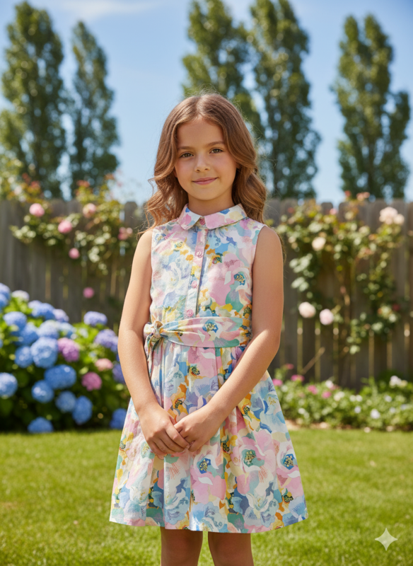 Girls' Sleeveless Floral Shirt Dress with Belt D.2.1365 B.1499