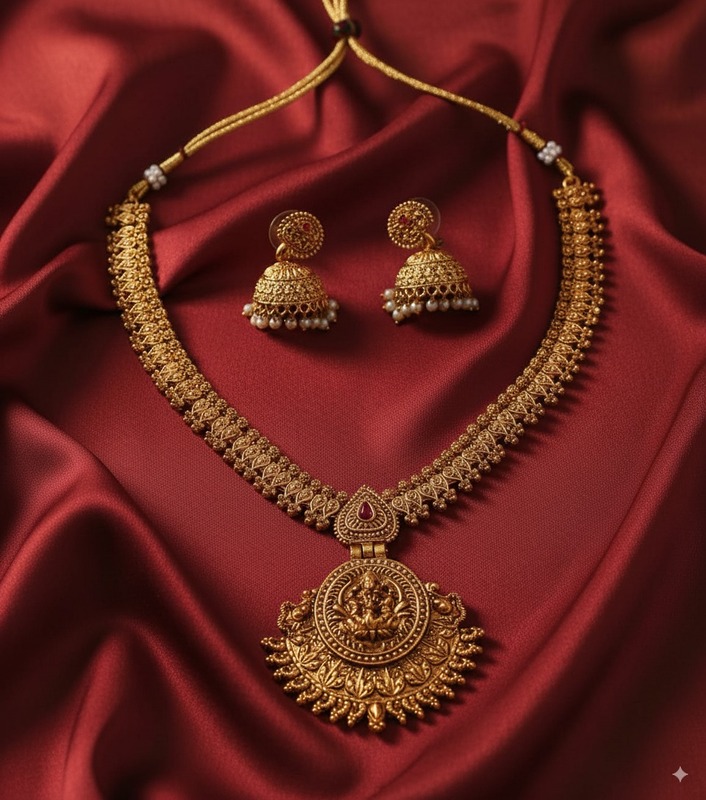 Lakshmi Temple Antique Necklace Set with Jhumka Earrings