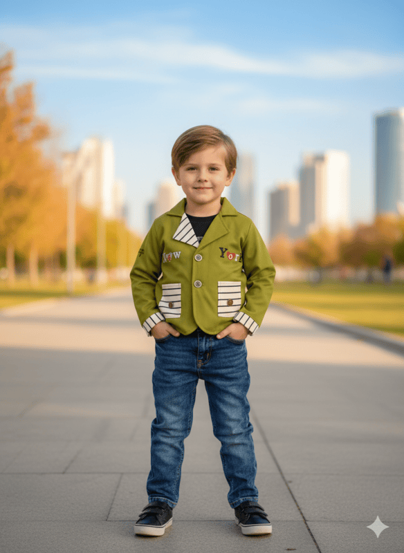 green blazer-style top and blue denim jeans. D.4/6 B.5269